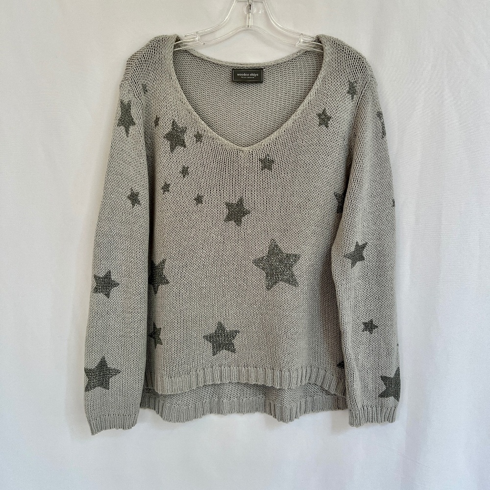 Wooden Ships V-Neck Cotton Blend Star Sweater Gray Size M/L